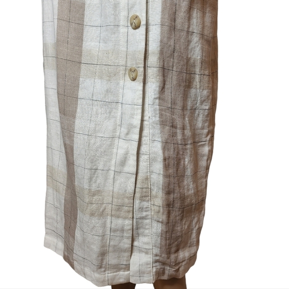 NWT Anthopologie Mo:vint Linen Beige Plaid Sleeveless Button Midi Dress Medium - Picture 10 of 16